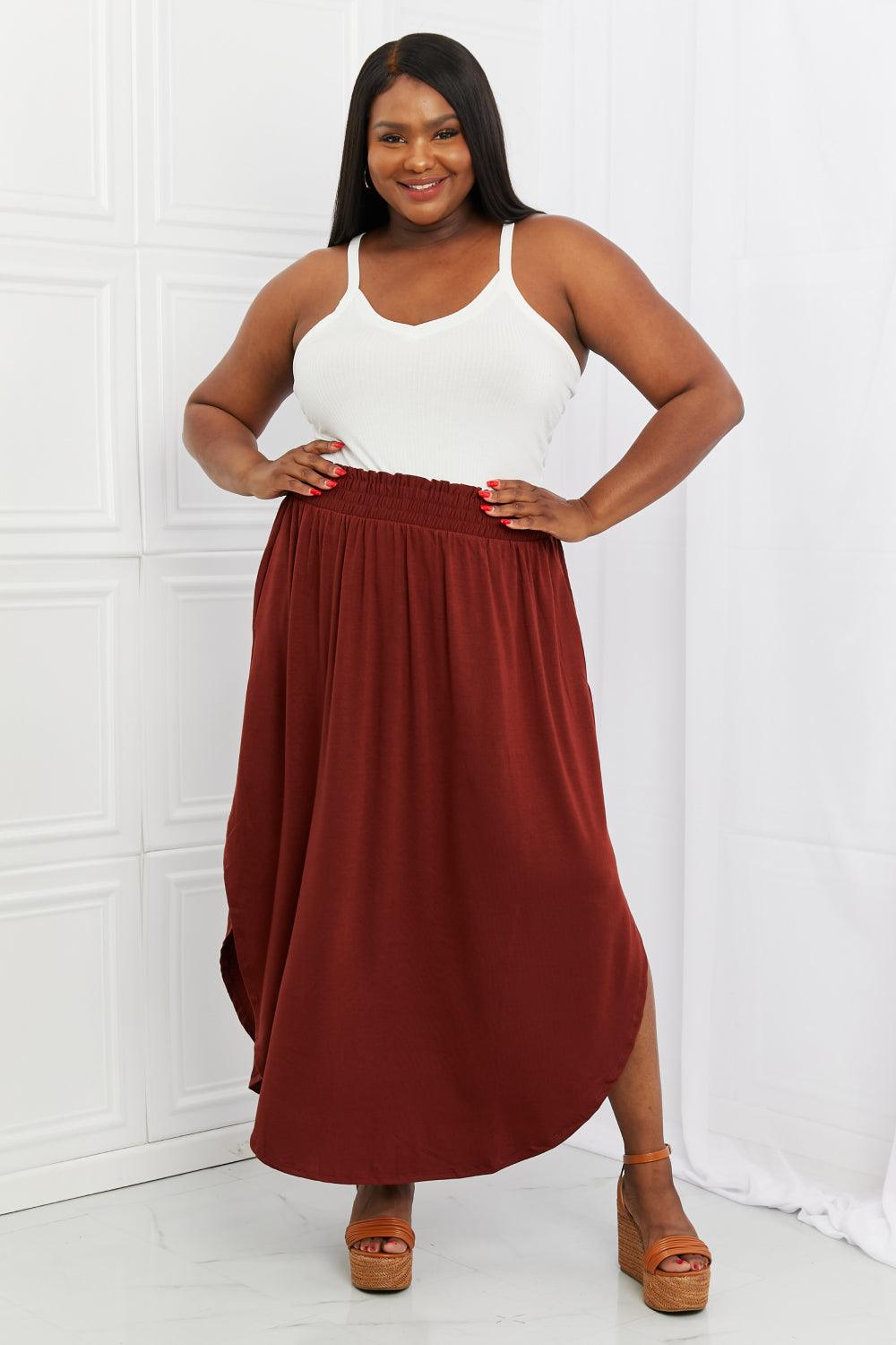 Zenana It's My Time Full Size Side Scoop Scrunch Skirt in Dark Rust - Glamorous Boutique USA L.L.C.