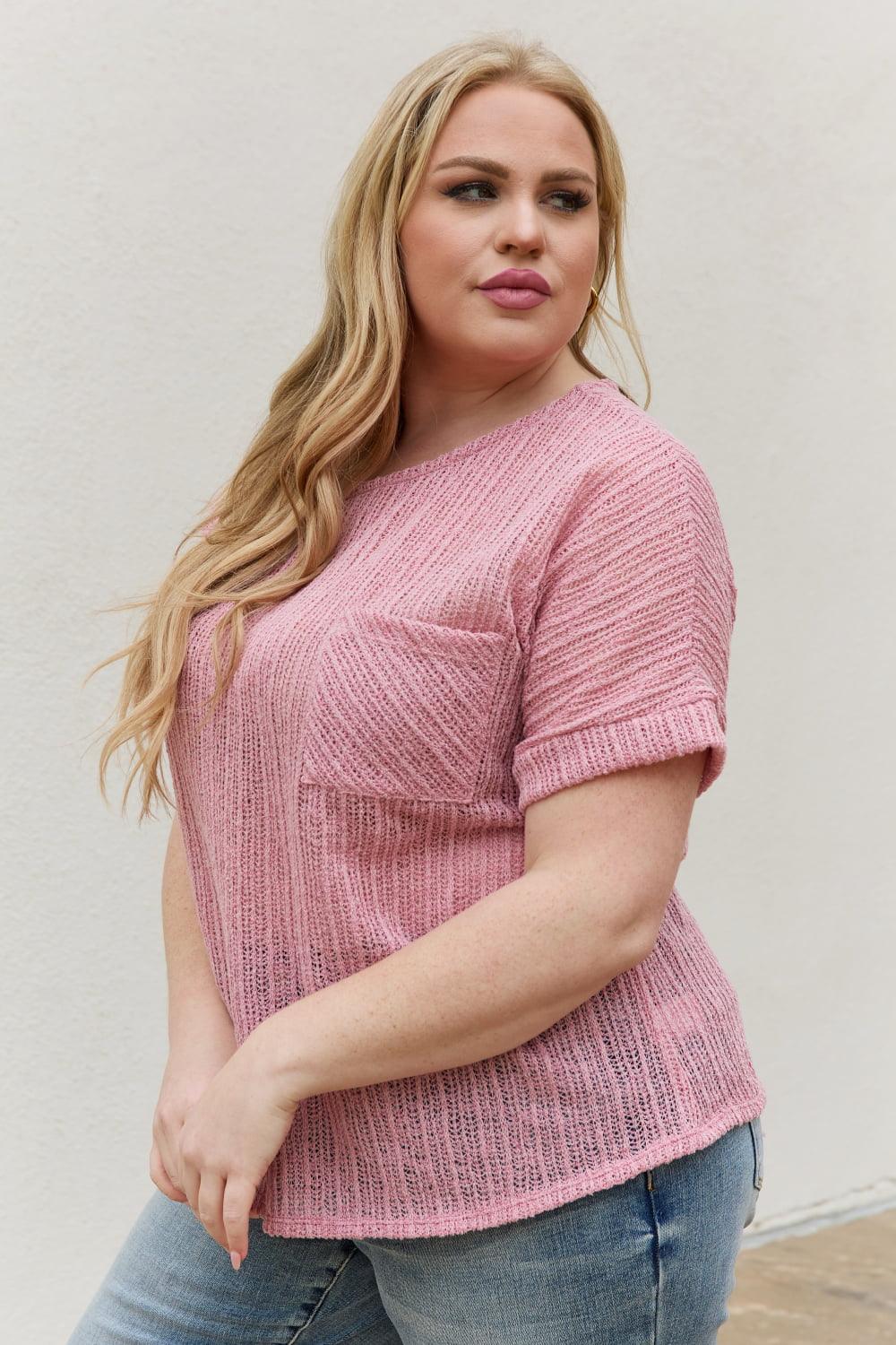 e.Luna Full Size Chunky Knit Short Sleeve Top in Mauve - Glamorous Boutique USA L.L.C.