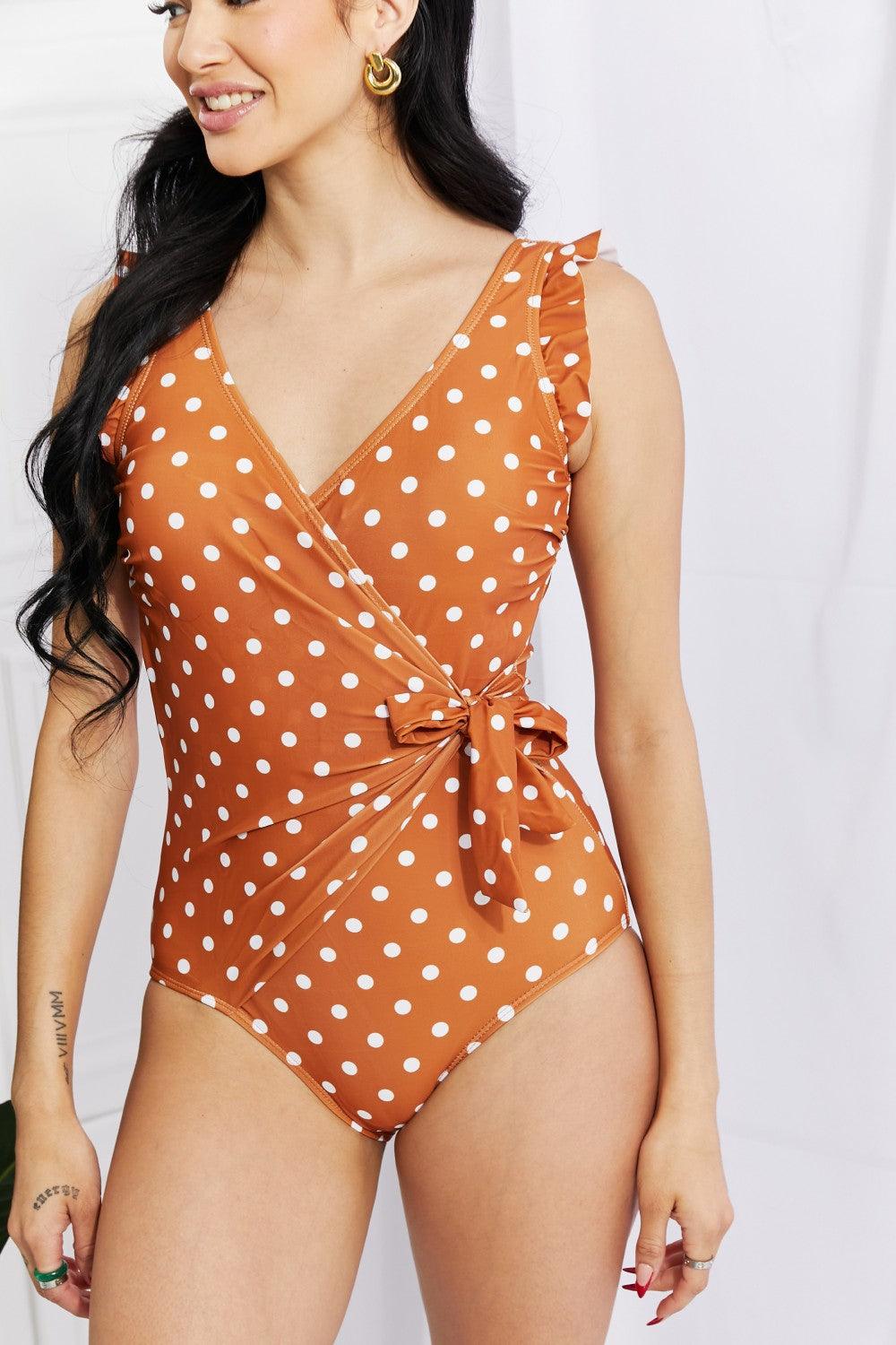Marina West Swim Full Size Float On Ruffle Faux Wrap One-Piece in Terracotta - Glamorous Boutique USA L.L.C.