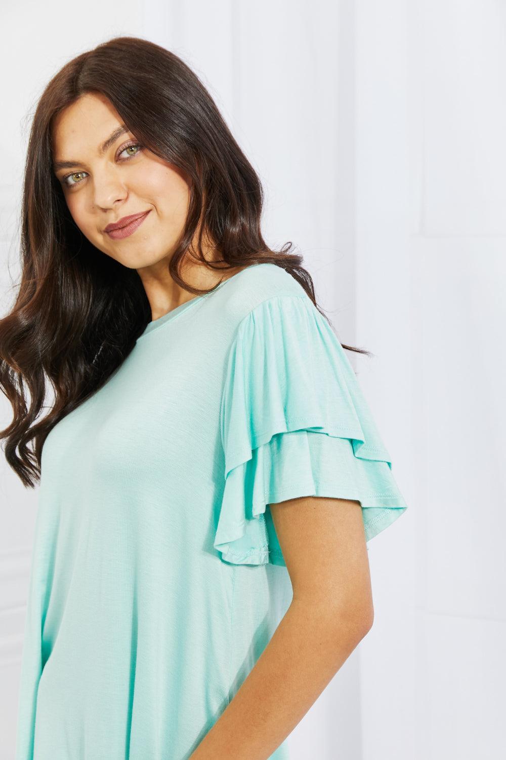 Culture Code Mi Amor Full Size Round Neck Ruffle sleeve length Top in Blue - Glamorous Boutique USA L.L.C.