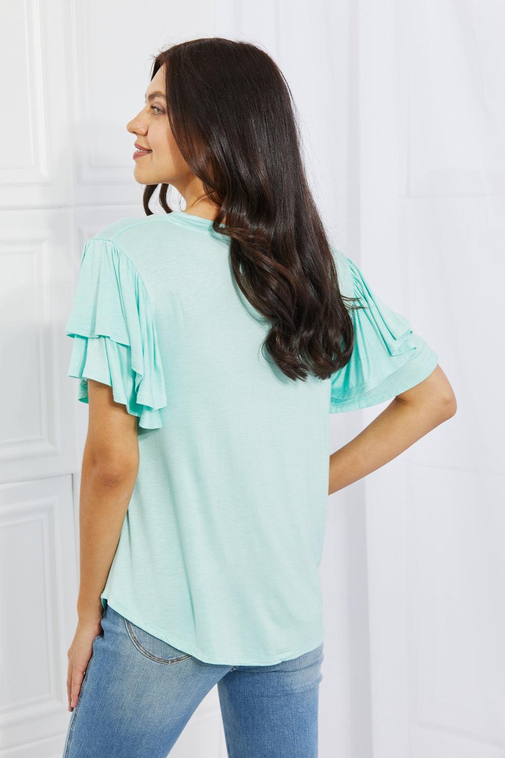 Culture Code Mi Amor Full Size Round Neck Ruffle sleeve length Top in Blue - Glamorous Boutique USA L.L.C.