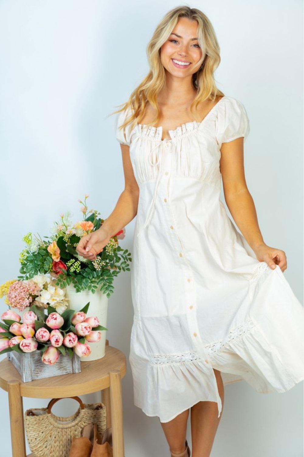 White Birch Flower Market Full Size Lace Trim Midi Dress - Glamorous Boutique USA L.L.C.