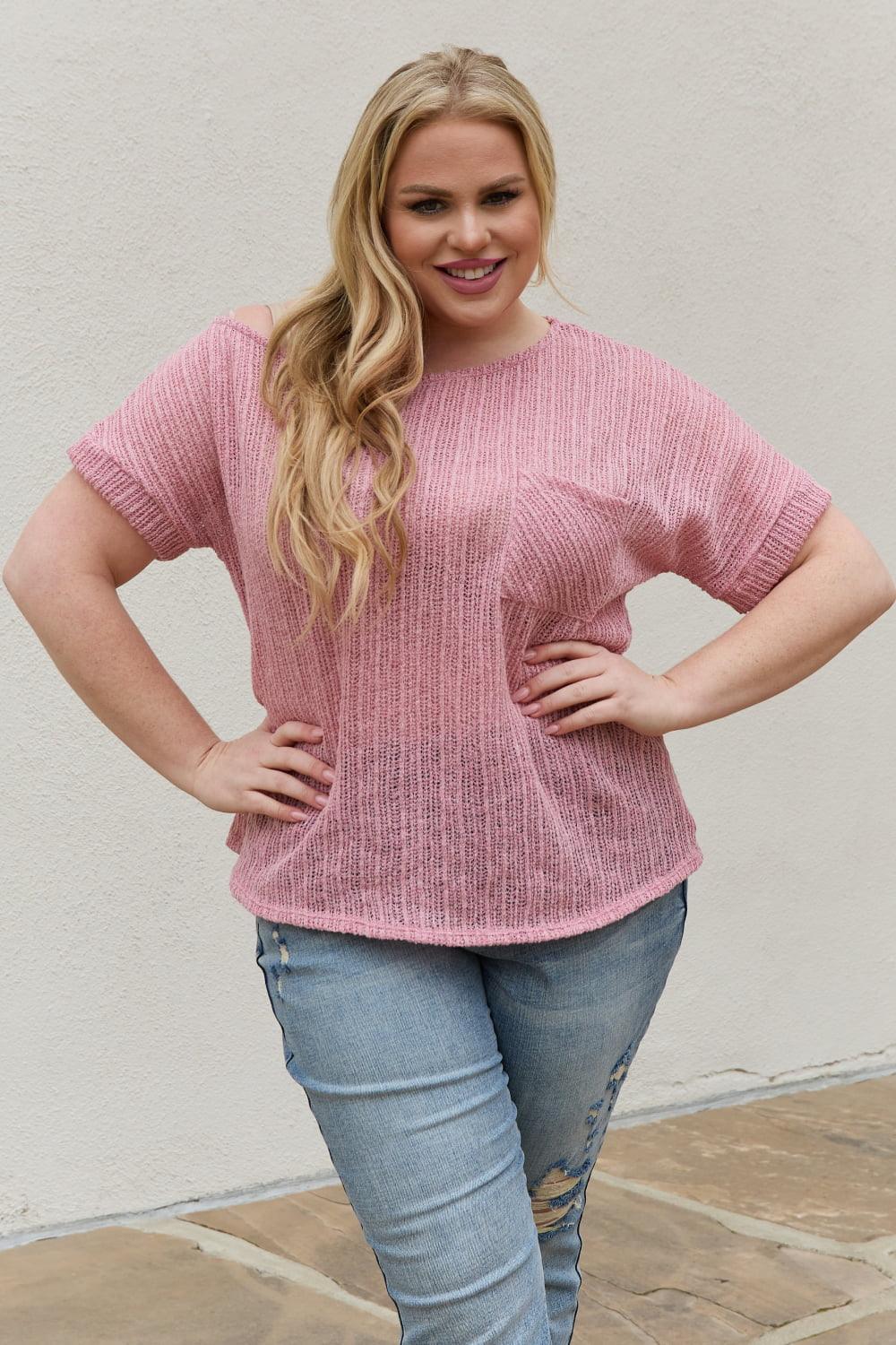 e.Luna Full Size Chunky Knit Short Sleeve Top in Mauve - Glamorous Boutique USA L.L.C.