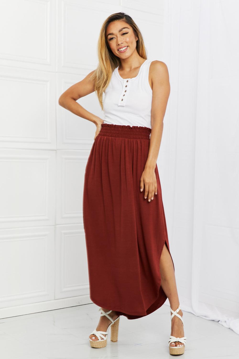 Zenana It's My Time Full Size Side Scoop Scrunch Skirt in Dark Rust - Glamorous Boutique USA L.L.C.