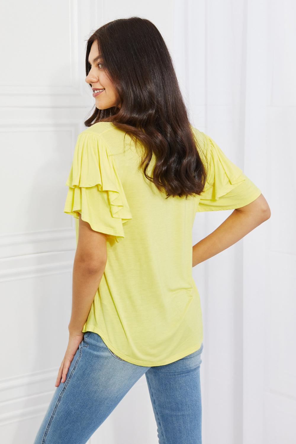 Culture Code Mi Amor Full Size Round Neck Ruffle sleeve length Top in Yellow - Glamorous Boutique USA L.L.C.