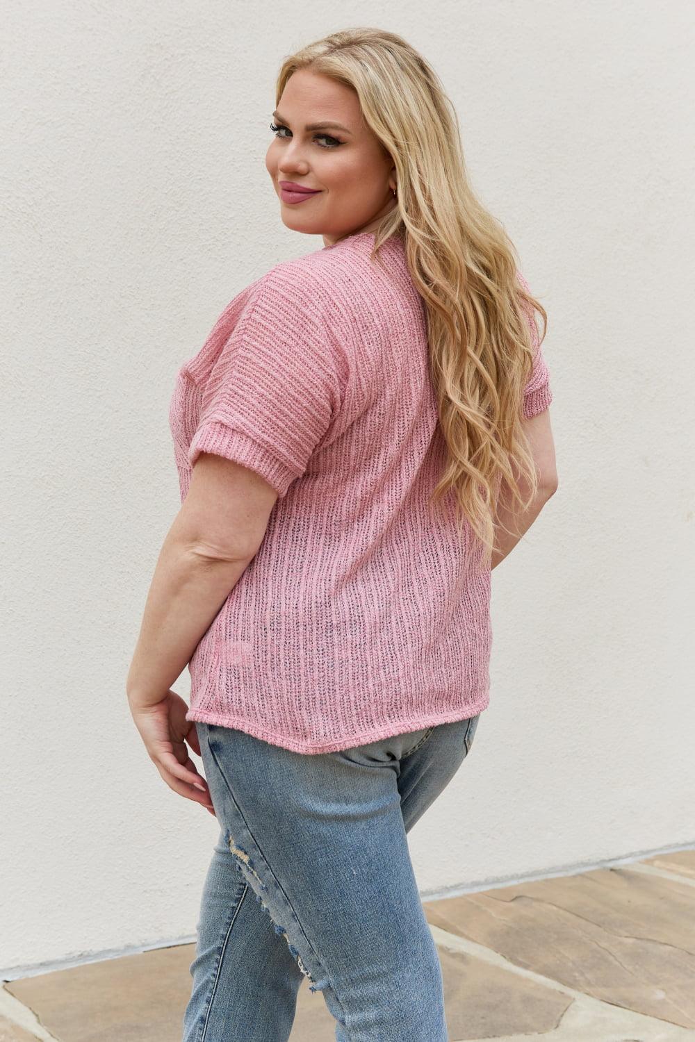 e.Luna Full Size Chunky Knit Short Sleeve Top in Mauve - Glamorous Boutique USA L.L.C.