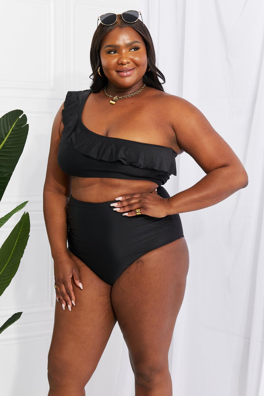 Marina West Swim Seaside Romance Ruffle One-Shoulder Bikini in Black - Glamorous Boutique USA L.L.C.