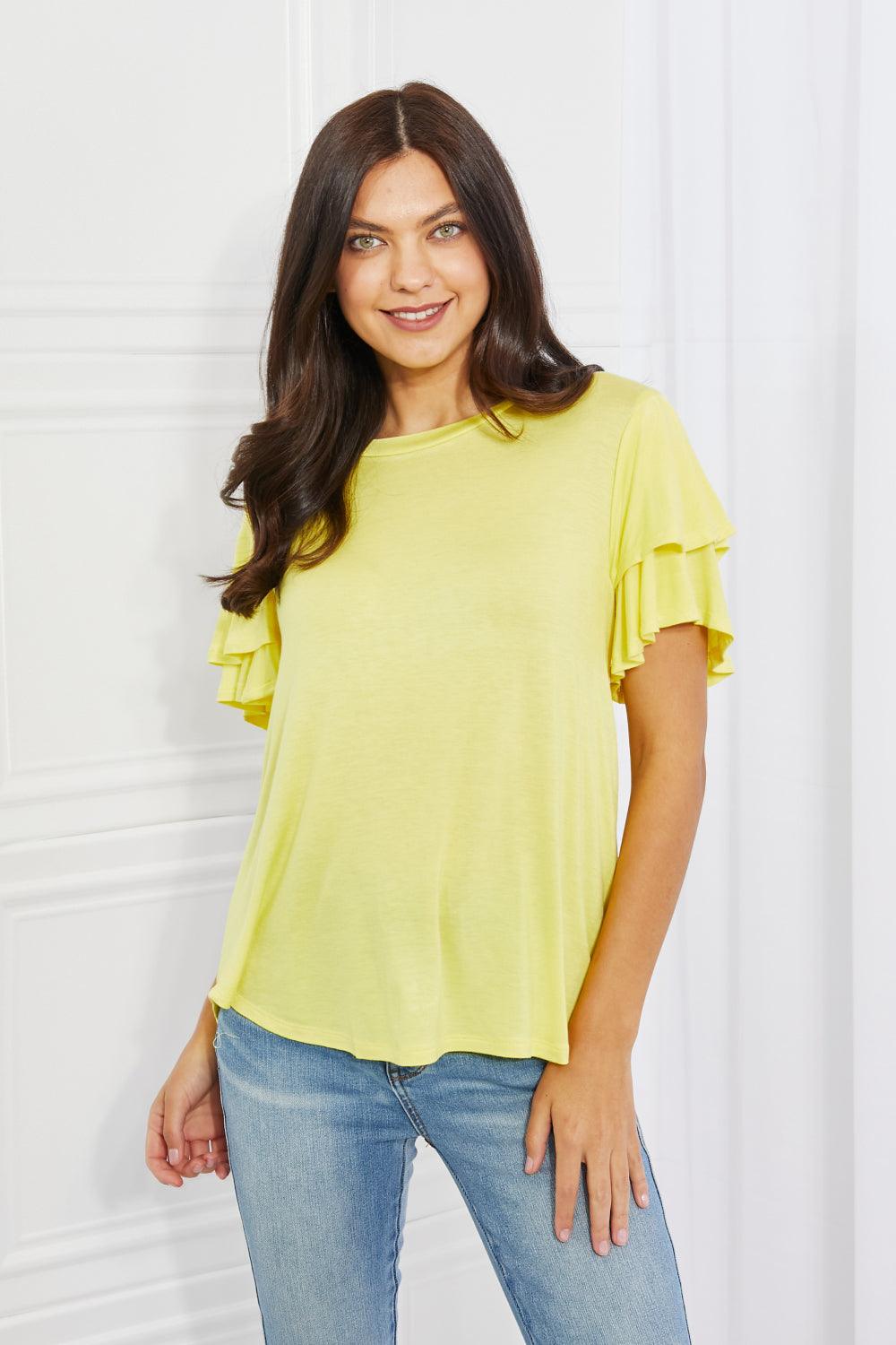 Culture Code Mi Amor Full Size Round Neck Ruffle sleeve length Top in Yellow - Glamorous Boutique USA L.L.C.