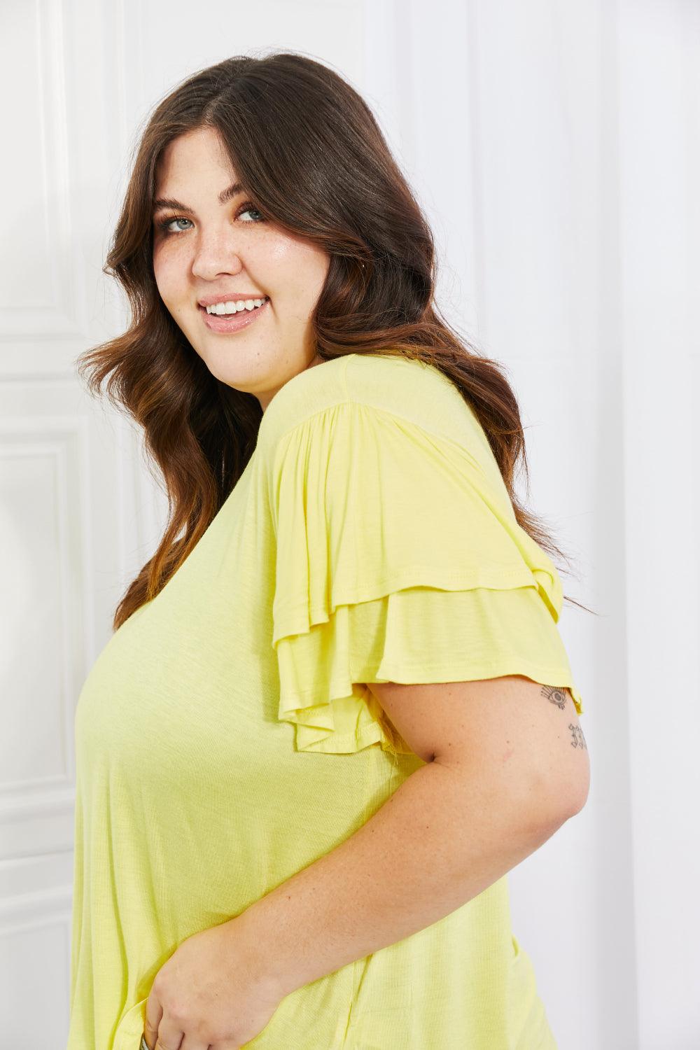 Culture Code Mi Amor Full Size Round Neck Ruffle sleeve length Top in Yellow - Glamorous Boutique USA L.L.C.