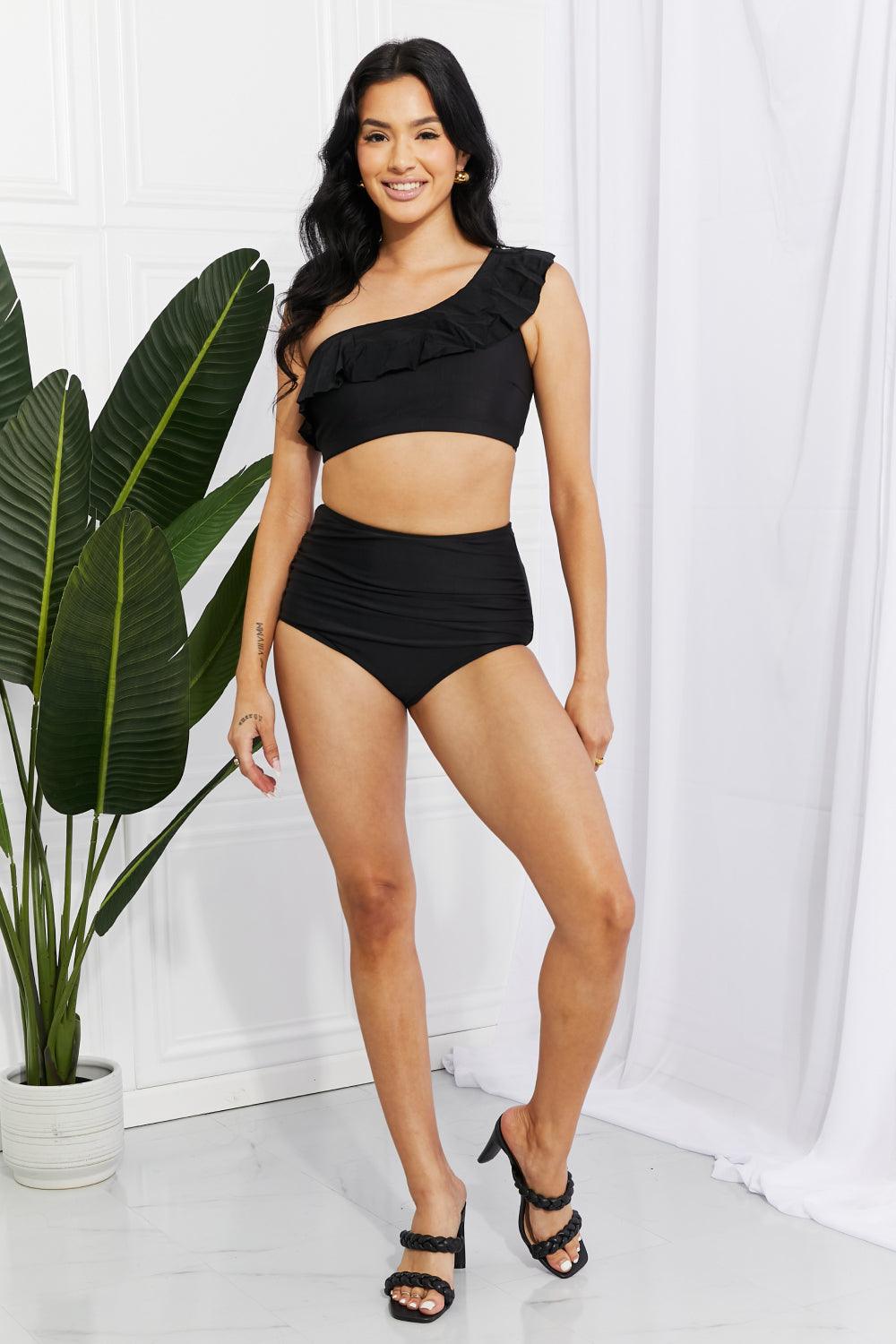 Marina West Swim Seaside Romance Ruffle One-Shoulder Bikini in Black - Glamorous Boutique USA L.L.C.