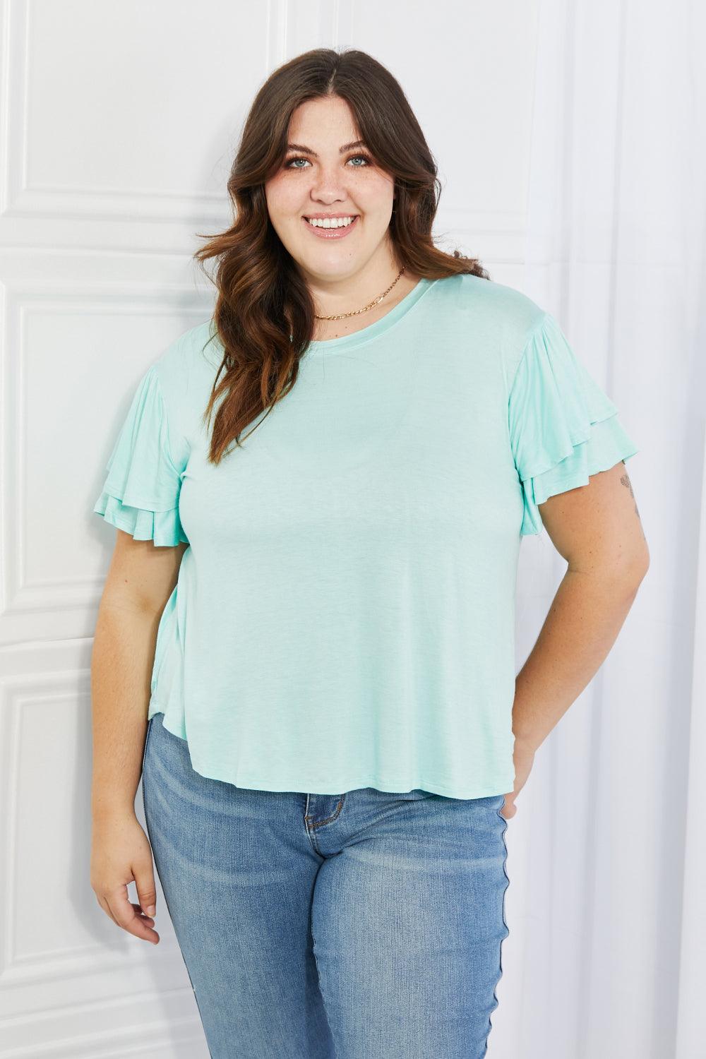 Culture Code Mi Amor Full Size Round Neck Ruffle sleeve length Top in Blue - Glamorous Boutique USA L.L.C.
