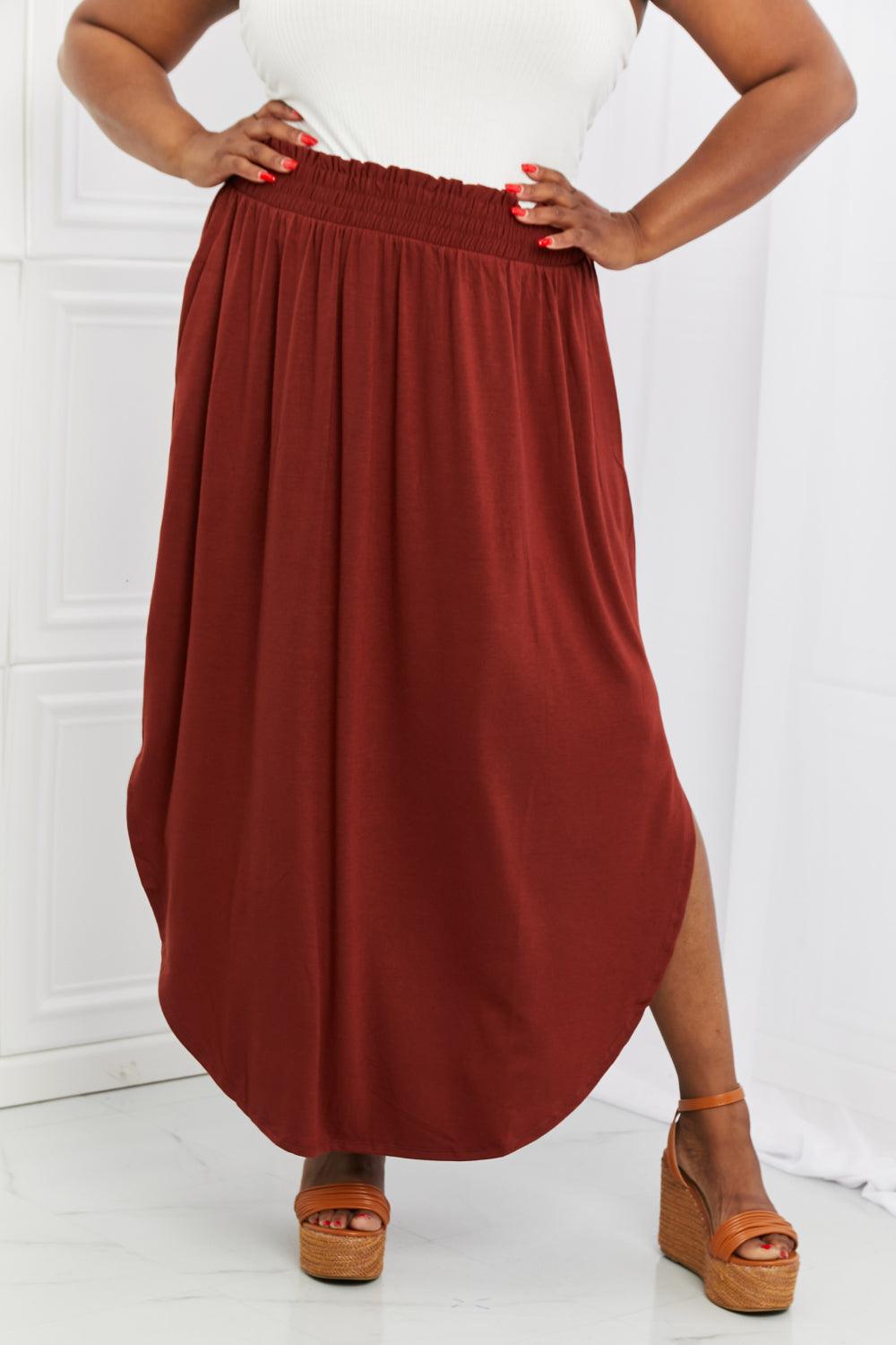 Zenana It's My Time Full Size Side Scoop Scrunch Skirt in Dark Rust - Glamorous Boutique USA L.L.C.