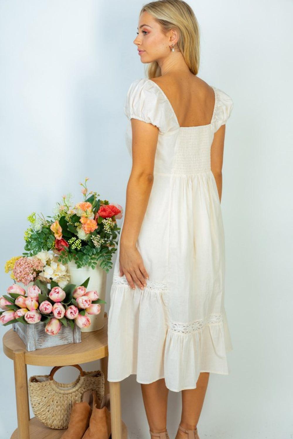 White Birch Flower Market Full Size Lace Trim Midi Dress - Glamorous Boutique USA L.L.C.