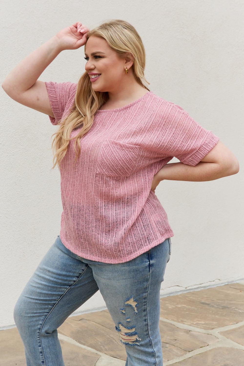 e.Luna Full Size Chunky Knit Short Sleeve Top in Mauve - Glamorous Boutique USA L.L.C.