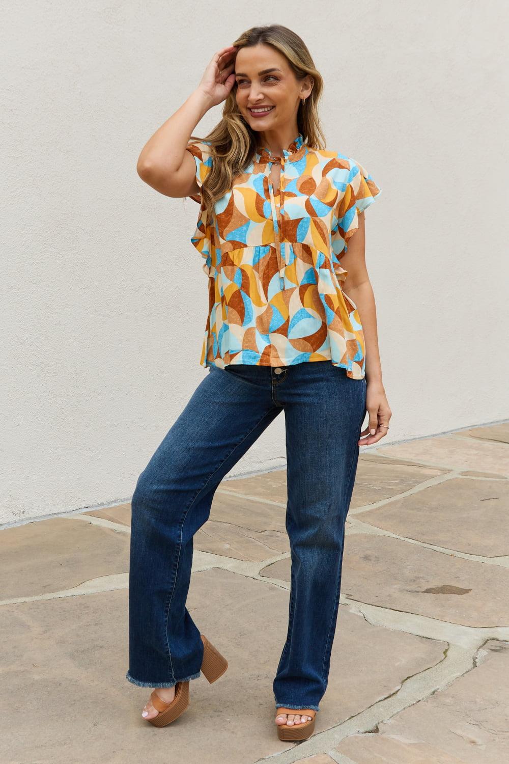 And The Why Full Size Printed Ruffle Baby Doll Top - Glamorous Boutique USA L.L.C.