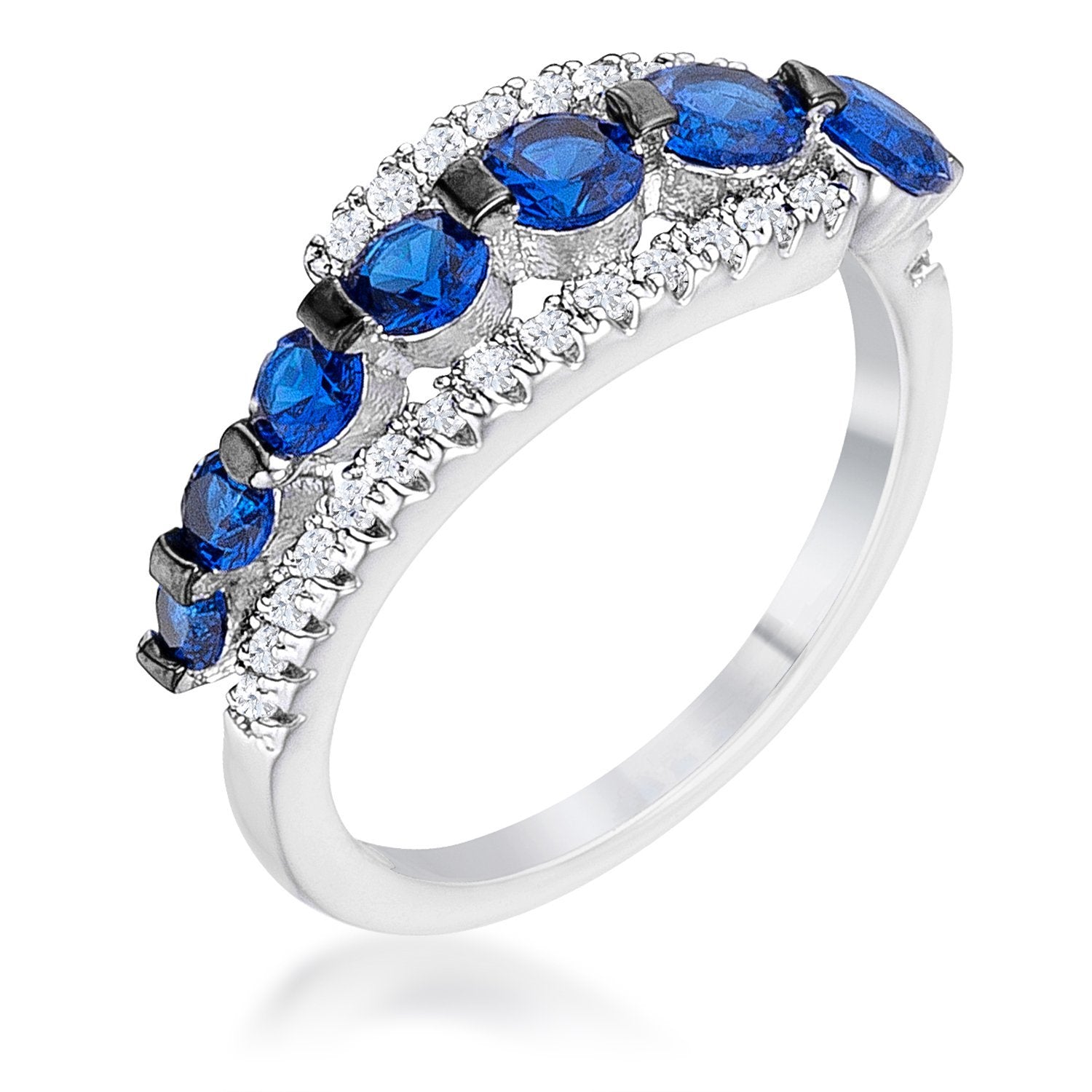 1.06Ct Rhodium & Hematite Plated Graduated Blue & Clear CZ Half Eternity Ring Base Metal: Lead Free Alloy (brass) Style: Contemporary Stone Cut: Round Carat Weight: 1.06Ct Color: Clear Plating Color: Silvertone Ring Band Width: 1.85mm SHIP FROM : USA SHIP TO : USA, CANADA