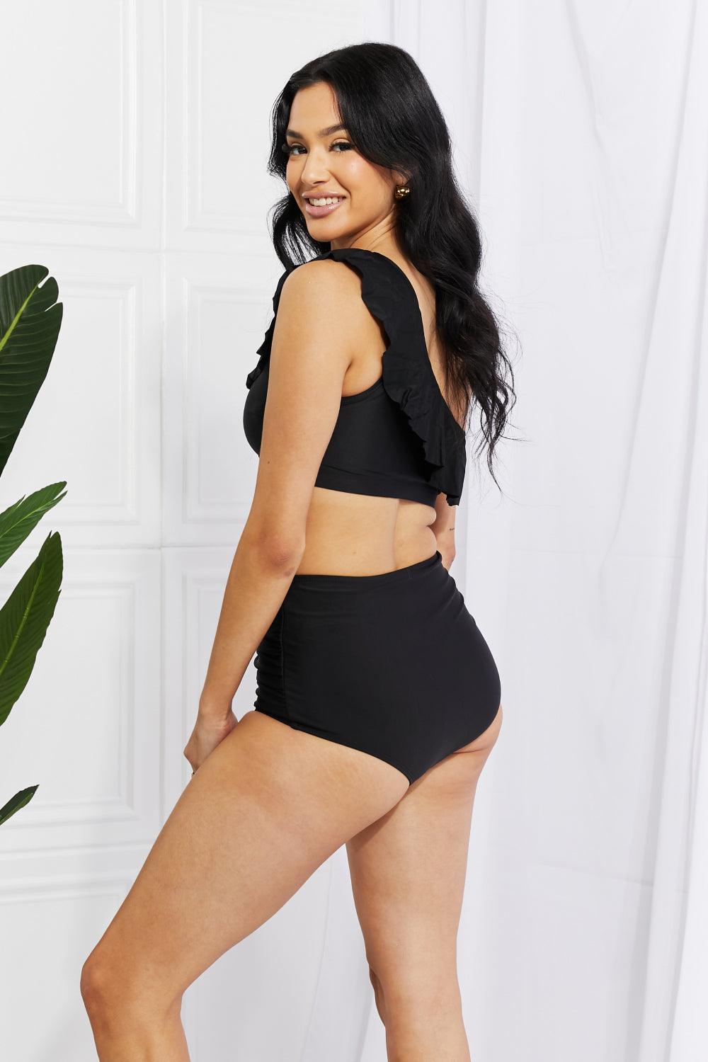 Marina West Swim Seaside Romance Ruffle One-Shoulder Bikini in Black - Glamorous Boutique USA L.L.C.