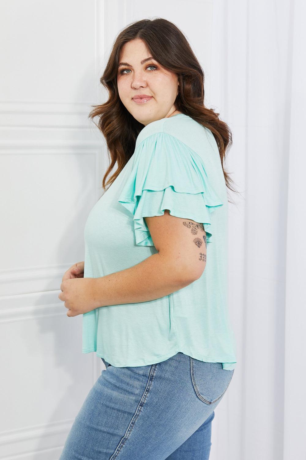 Culture Code Mi Amor Full Size Round Neck Ruffle sleeve length Top in Blue - Glamorous Boutique USA L.L.C.