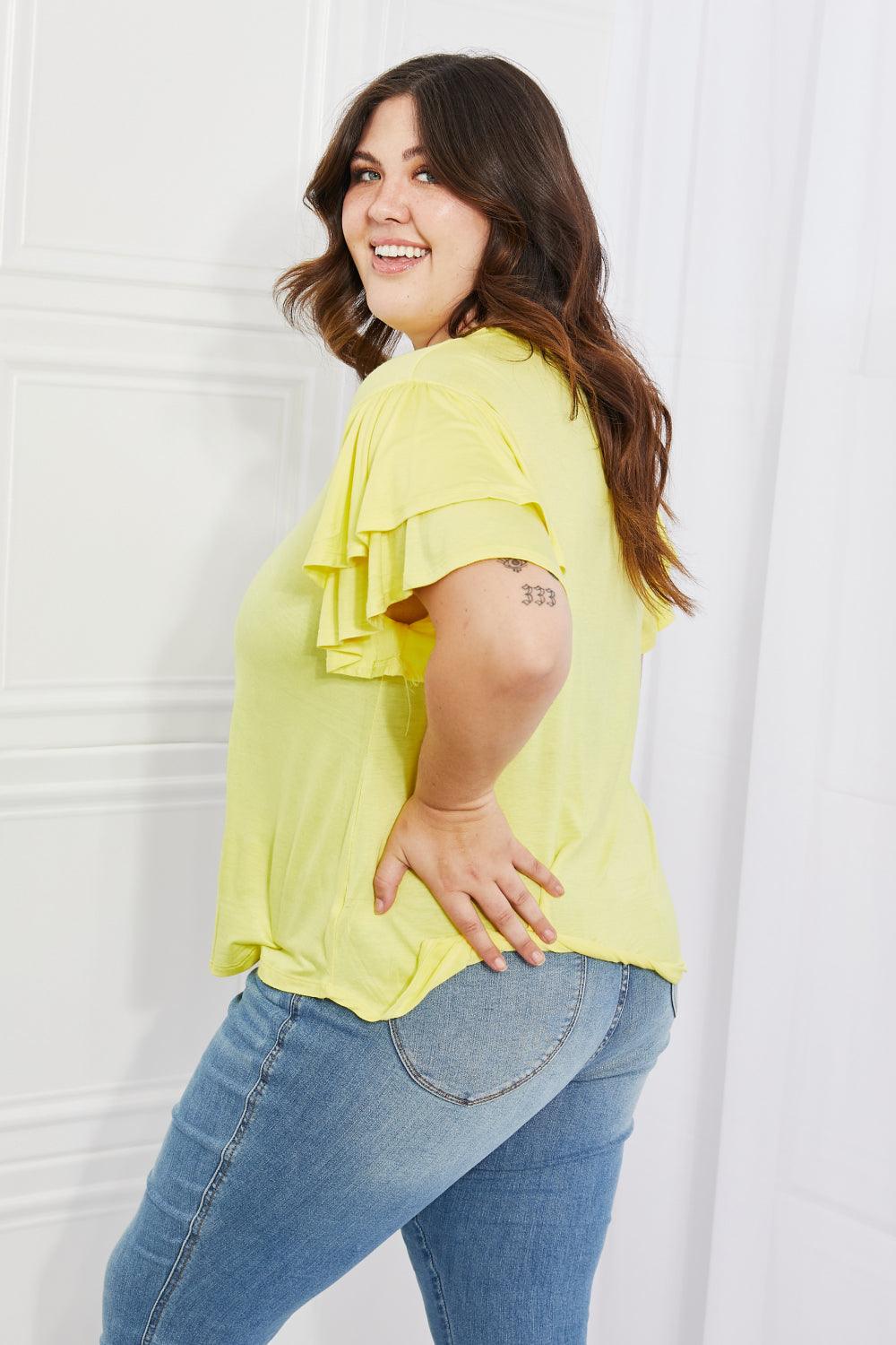 Culture Code Mi Amor Full Size Round Neck Ruffle sleeve length Top in Yellow - Glamorous Boutique USA L.L.C.