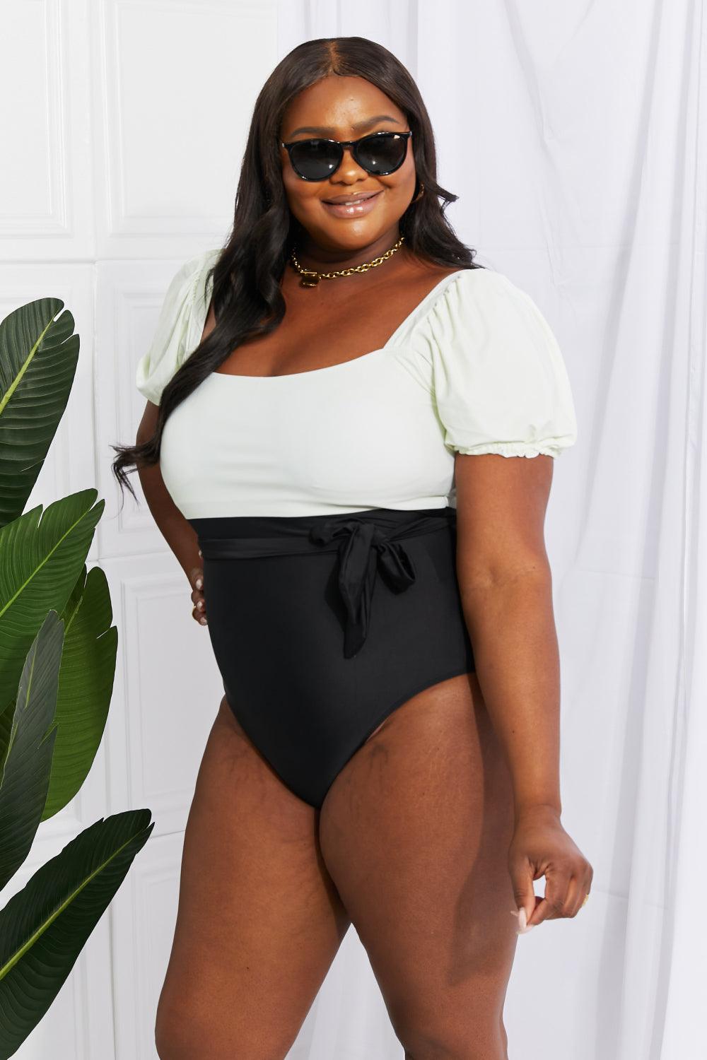 Marina West Swim Salty Air Puff Sleeve One-Piece in Cream/Black - Glamorous Boutique USA L.L.C.