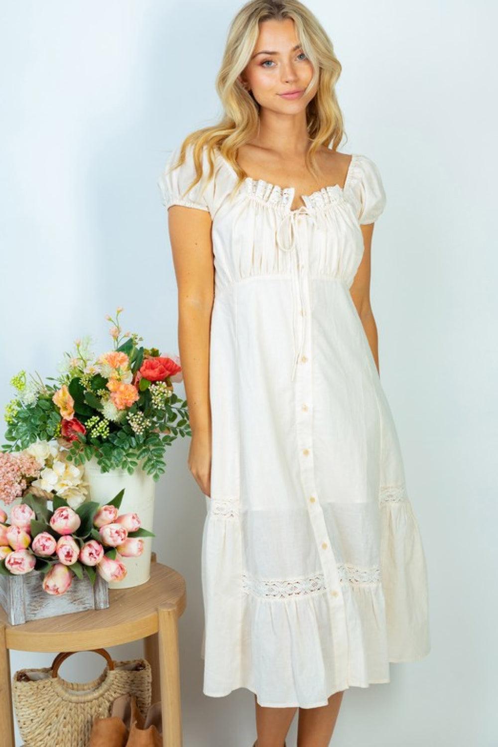 White Birch Flower Market Full Size Lace Trim Midi Dress - Glamorous Boutique USA L.L.C.