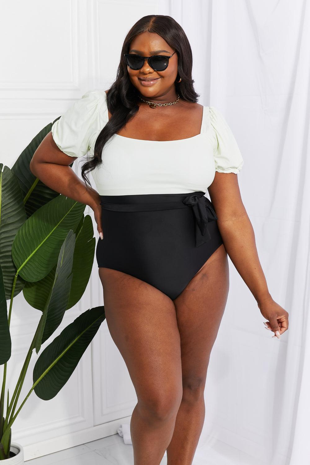 Marina West Swim Salty Air Puff Sleeve One-Piece in Cream/Black - Glamorous Boutique USA L.L.C.