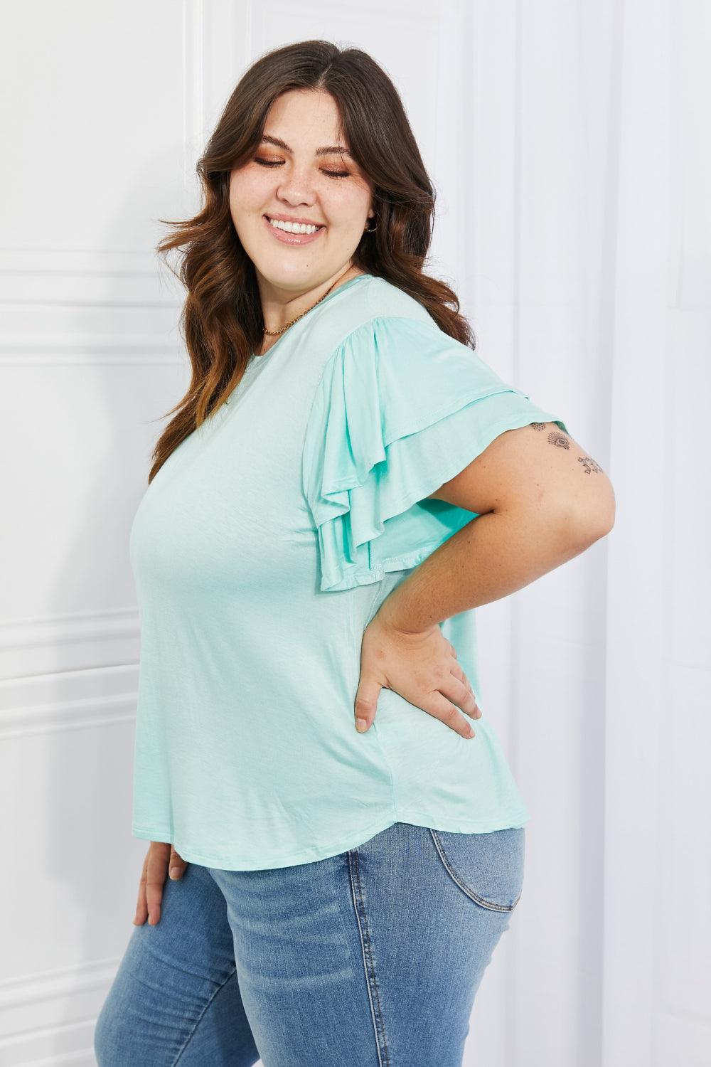 Culture Code Mi Amor Full Size Round Neck Ruffle sleeve length Top in Blue - Glamorous Boutique USA L.L.C.