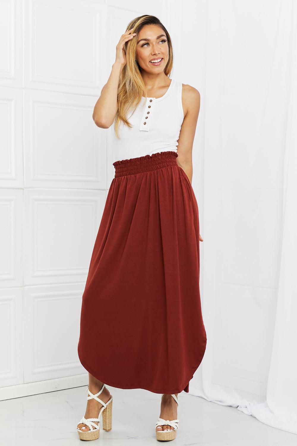 Zenana It's My Time Full Size Side Scoop Scrunch Skirt in Dark Rust - Glamorous Boutique USA L.L.C.