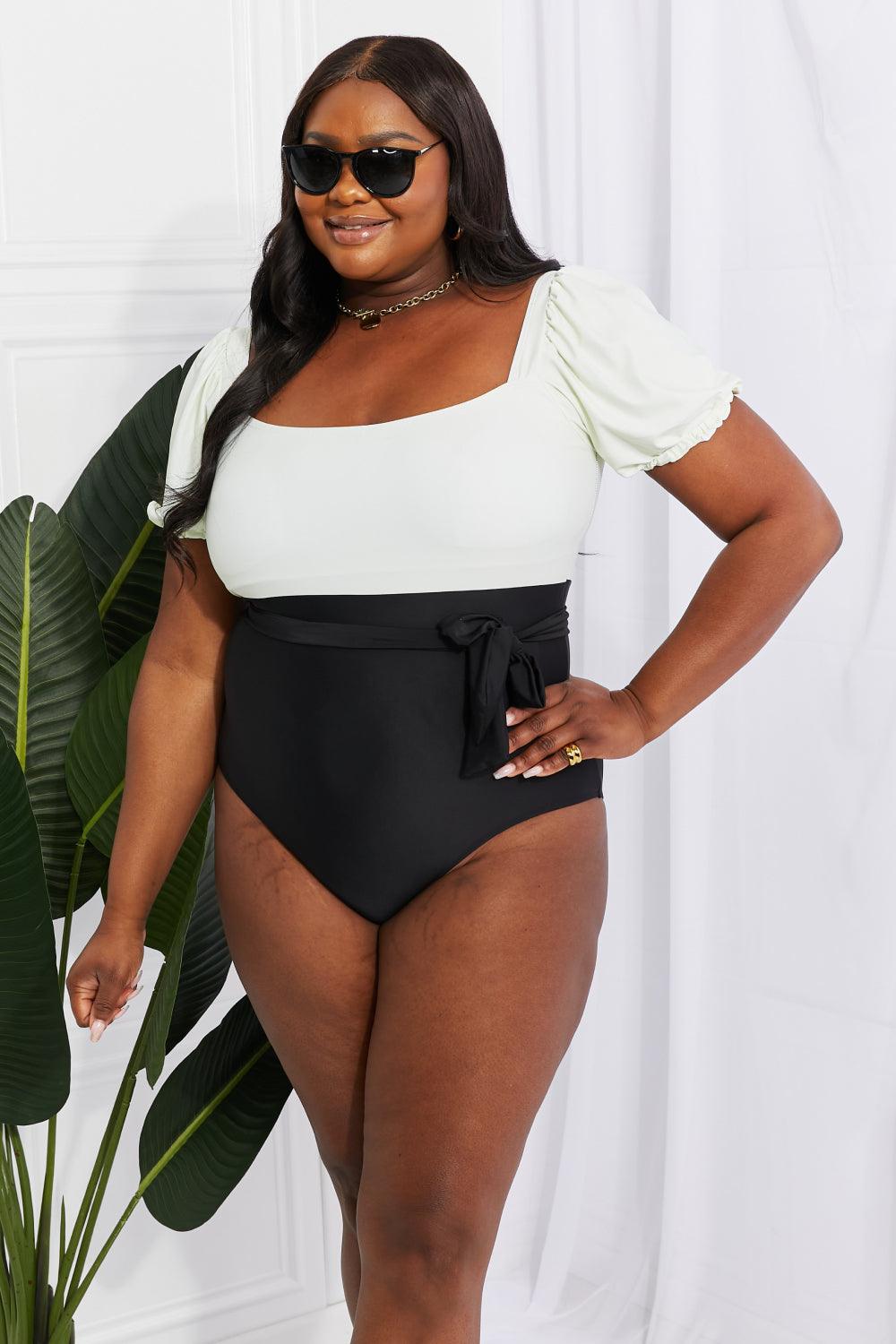 Marina West Swim Salty Air Puff Sleeve One-Piece in Cream/Black - Glamorous Boutique USA L.L.C.