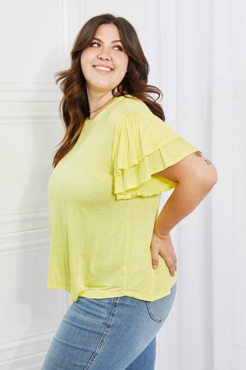 Culture Code Mi Amor Full Size Round Neck Ruffle sleeve length Top in Yellow - Glamorous Boutique USA L.L.C.