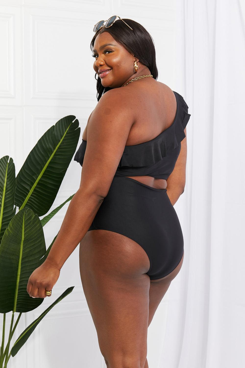 Marina West Swim Seaside Romance Ruffle One-Shoulder Bikini in Black - Glamorous Boutique USA L.L.C.