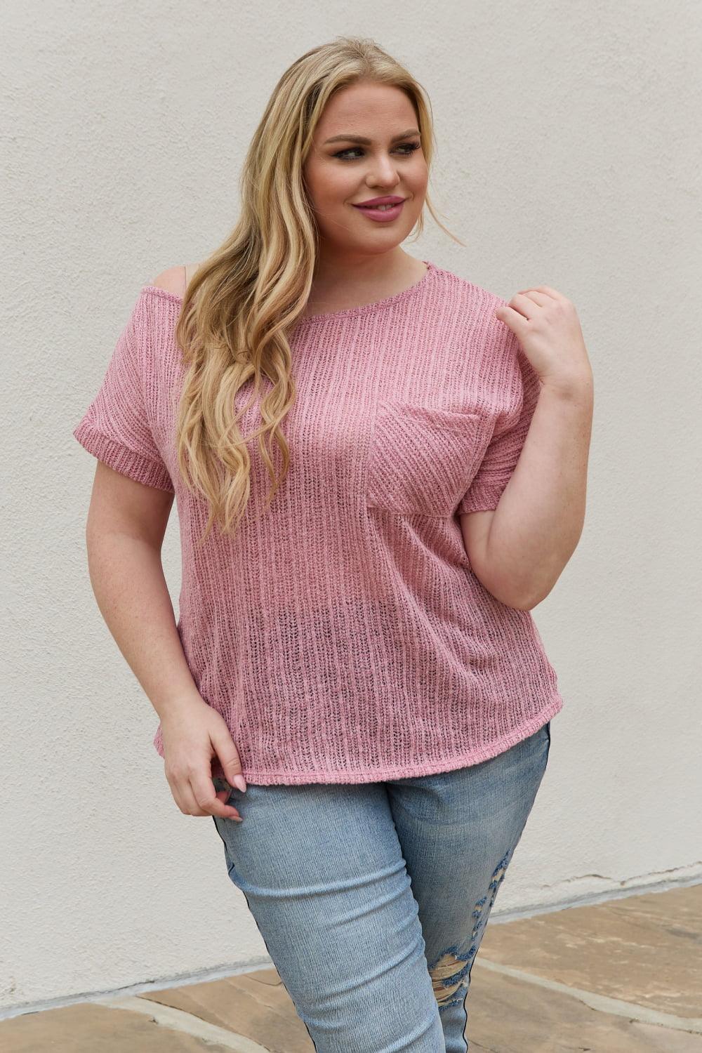 e.Luna Full Size Chunky Knit Short Sleeve Top in Mauve - Glamorous Boutique USA L.L.C.