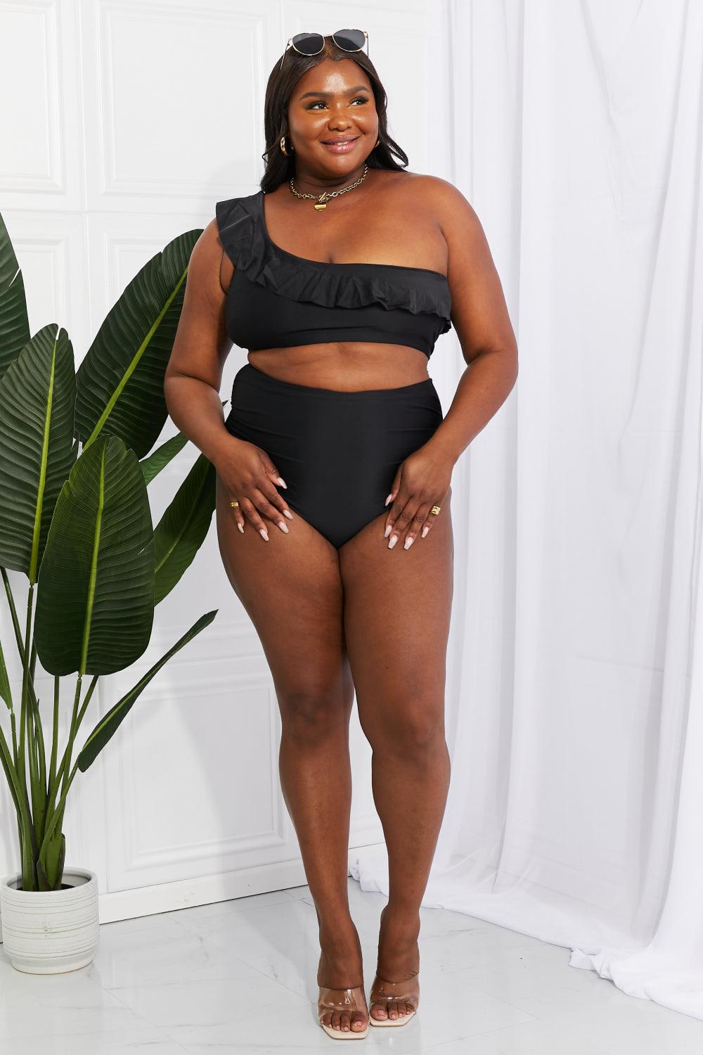 Marina West Swim Seaside Romance Ruffle One-Shoulder Bikini in Black - Glamorous Boutique USA L.L.C.