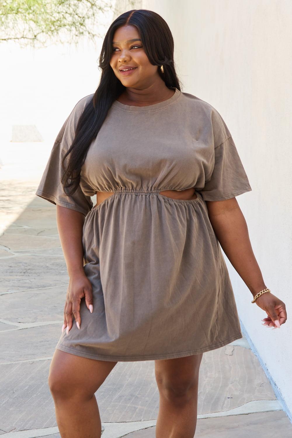 HEYSON Summer Field Cutout T-Shirt Dress in Taupe - Glamorous Boutique USA L.L.C.