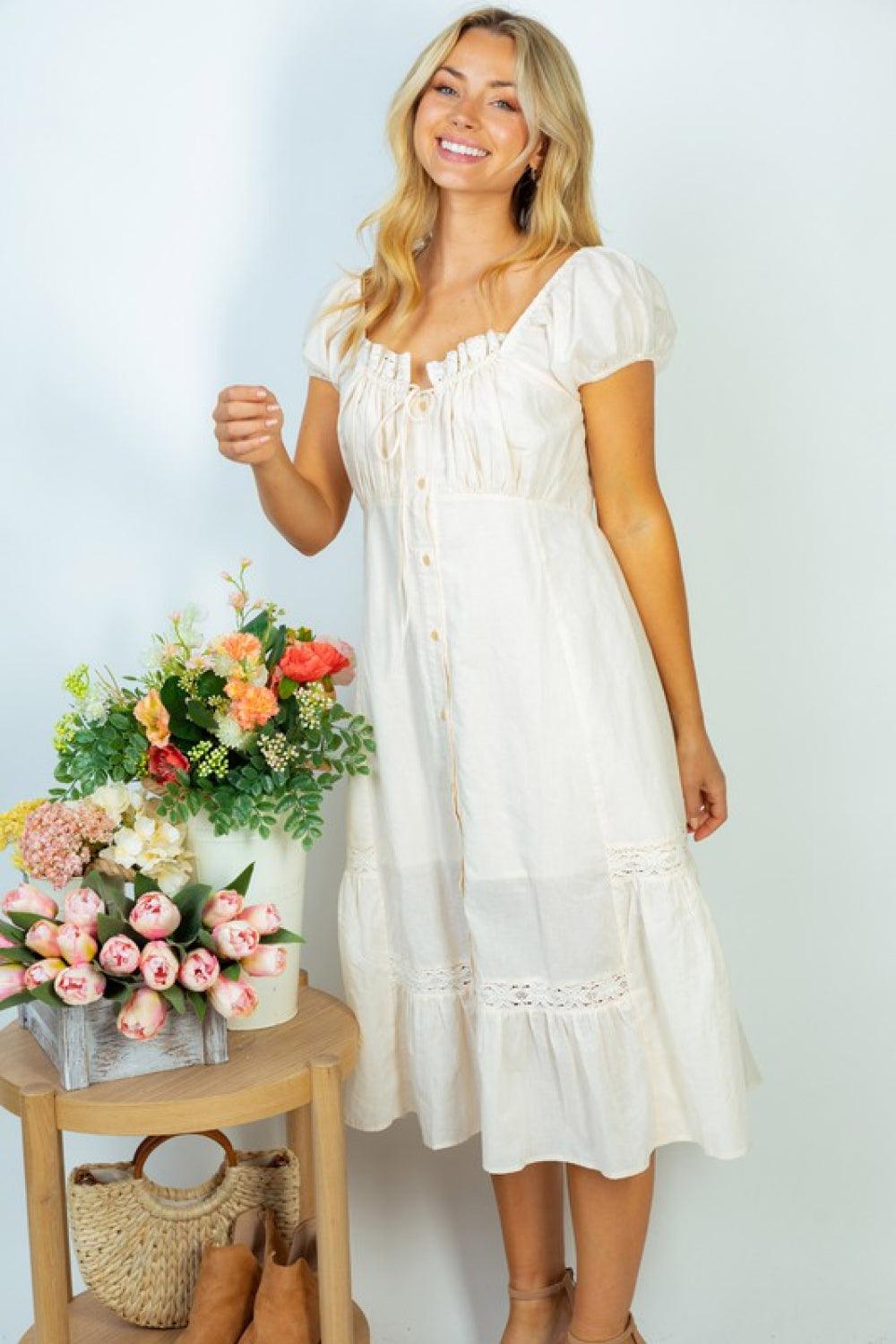 White Birch Flower Market Full Size Lace Trim Midi Dress - Glamorous Boutique USA L.L.C.