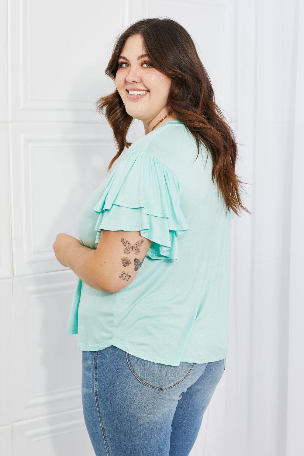 Culture Code Mi Amor Full Size Round Neck Ruffle sleeve length Top in Blue - Glamorous Boutique USA L.L.C.