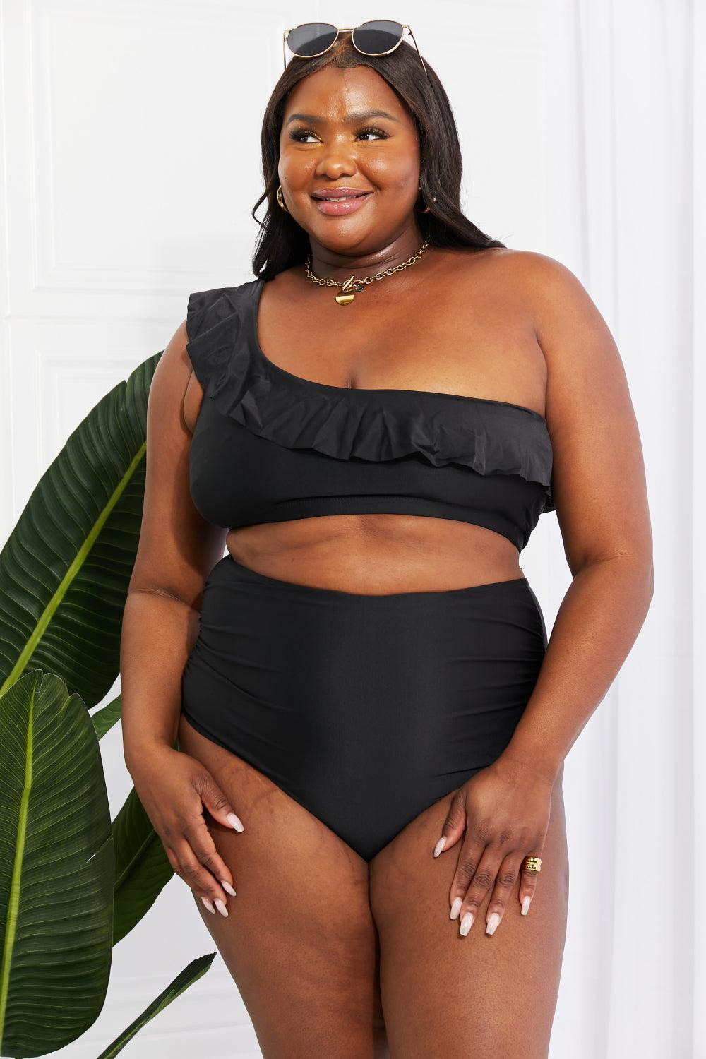 Marina West Swim Seaside Romance Ruffle One-Shoulder Bikini in Black - Glamorous Boutique USA L.L.C.