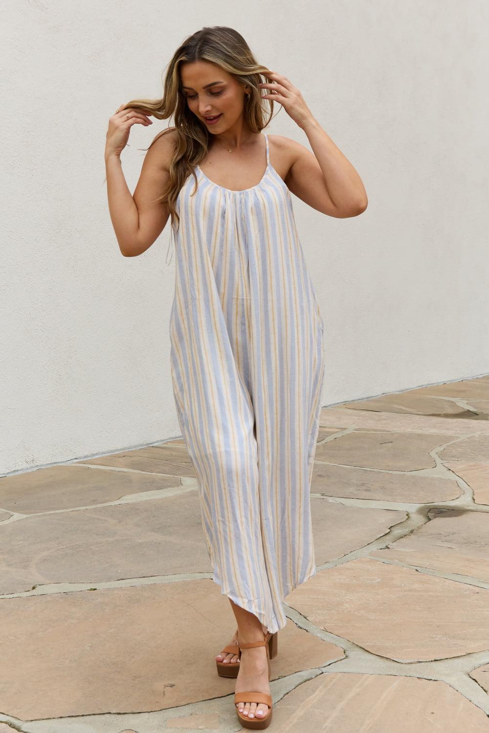 HEYSON Full Size Multi Colored Striped Jumpsuit with Pockets - Glamorous Boutique USA L.L.C.