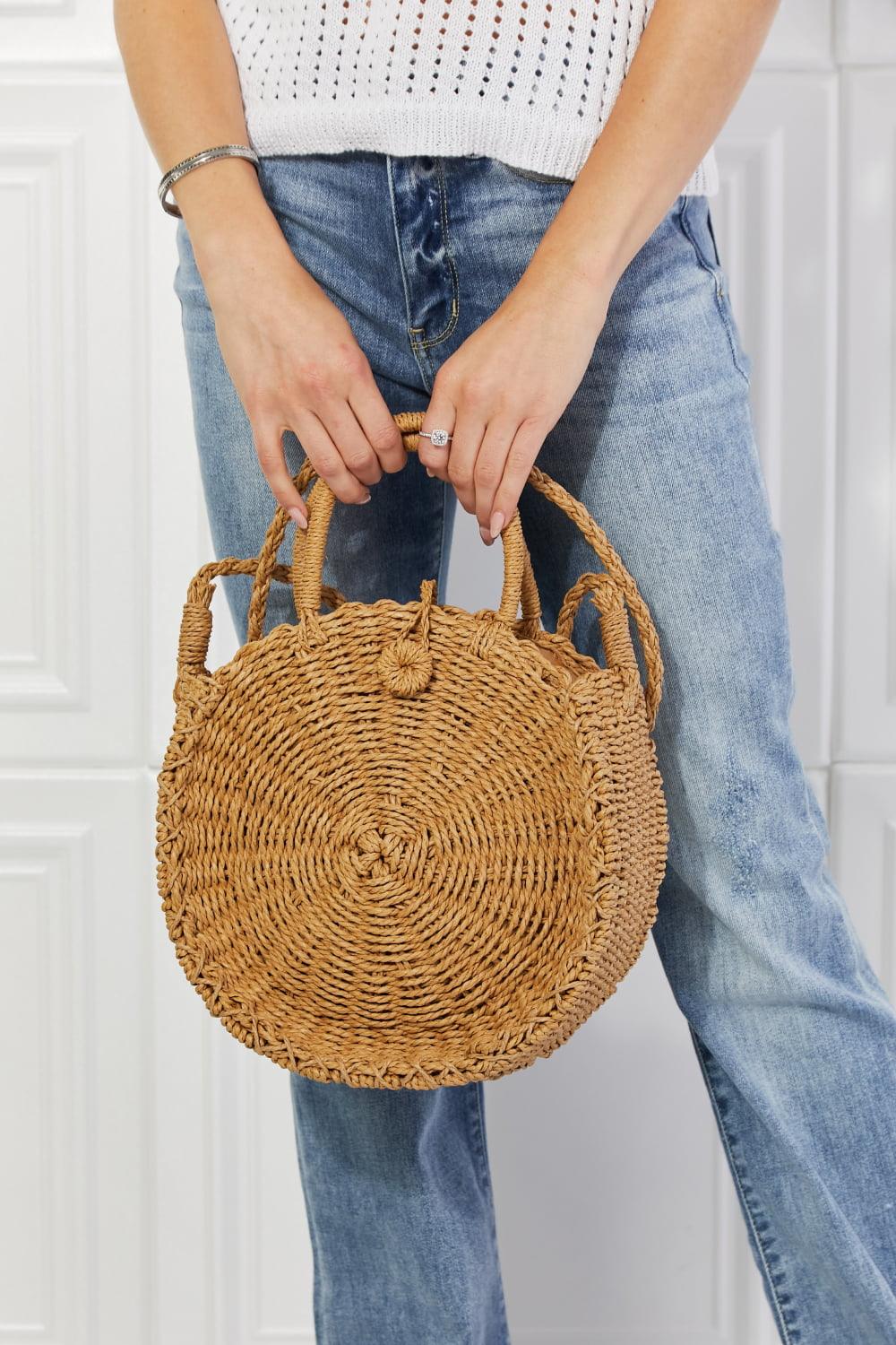 Justin Taylor Feeling Cute Rounded Rattan Handbag in Camel - Glamorous Boutique USA L.L.C.