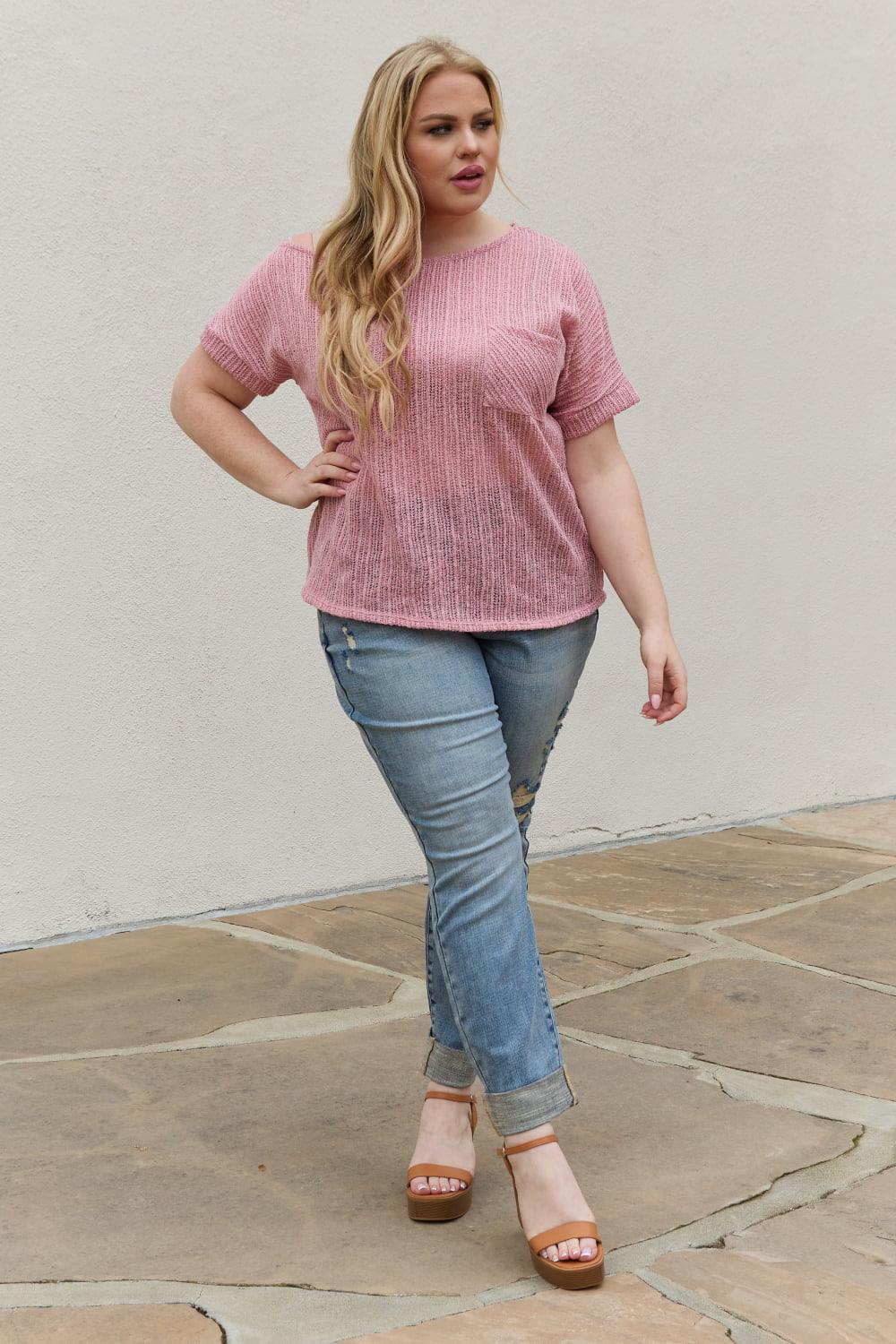 e.Luna Full Size Chunky Knit Short Sleeve Top in Mauve - Glamorous Boutique USA L.L.C.