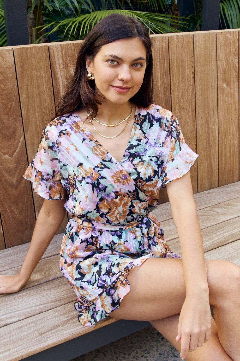 Petal Dew Full Size Floral Tie Belt Ruffled Romper - Glamorous Boutique USA L.L.C.