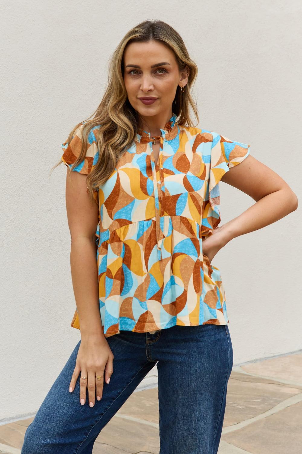 And The Why Full Size Printed Ruffle Baby Doll Top - Glamorous Boutique USA L.L.C.