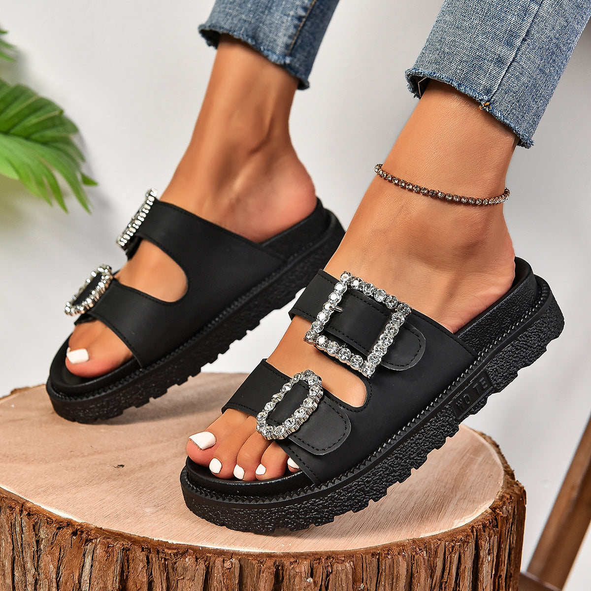 Rhinestone Accent Belt Buckle Platform Sandals