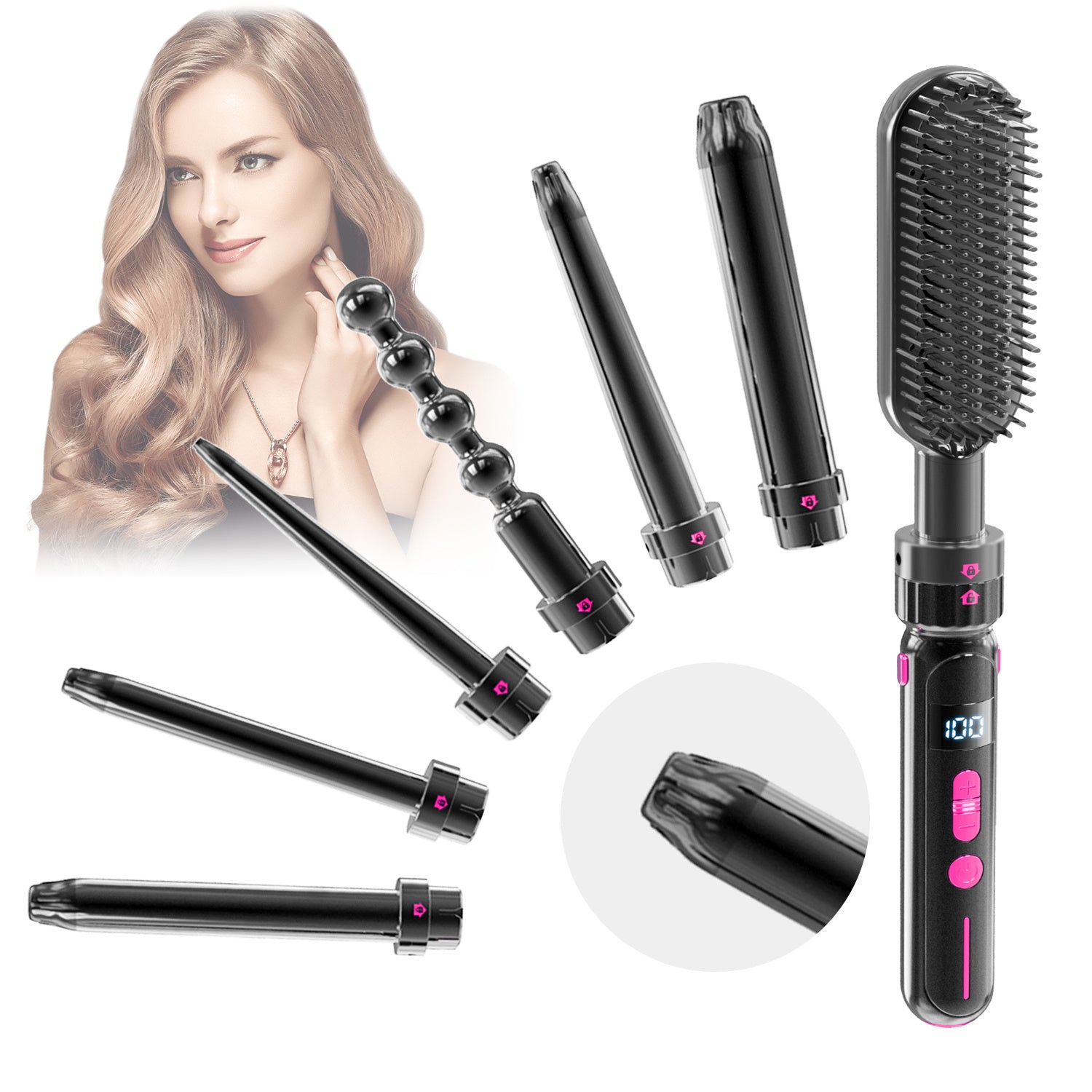 LUSTROUS HAIR 7-in-1 Curly & Straight Interchangeable Curling & Flat Iron Wand Set