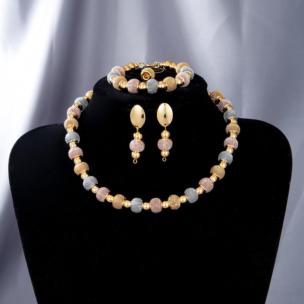 Radiant Embrace: Silver,Yellow & Rose Gold Bead Blend– 5-Piece Jewelry Set