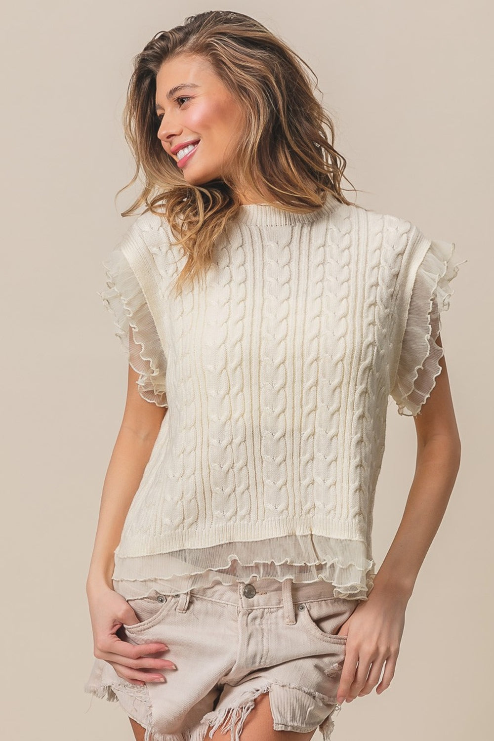 BiBi Layered Pleat Chiffon Edge Cable Knit Top