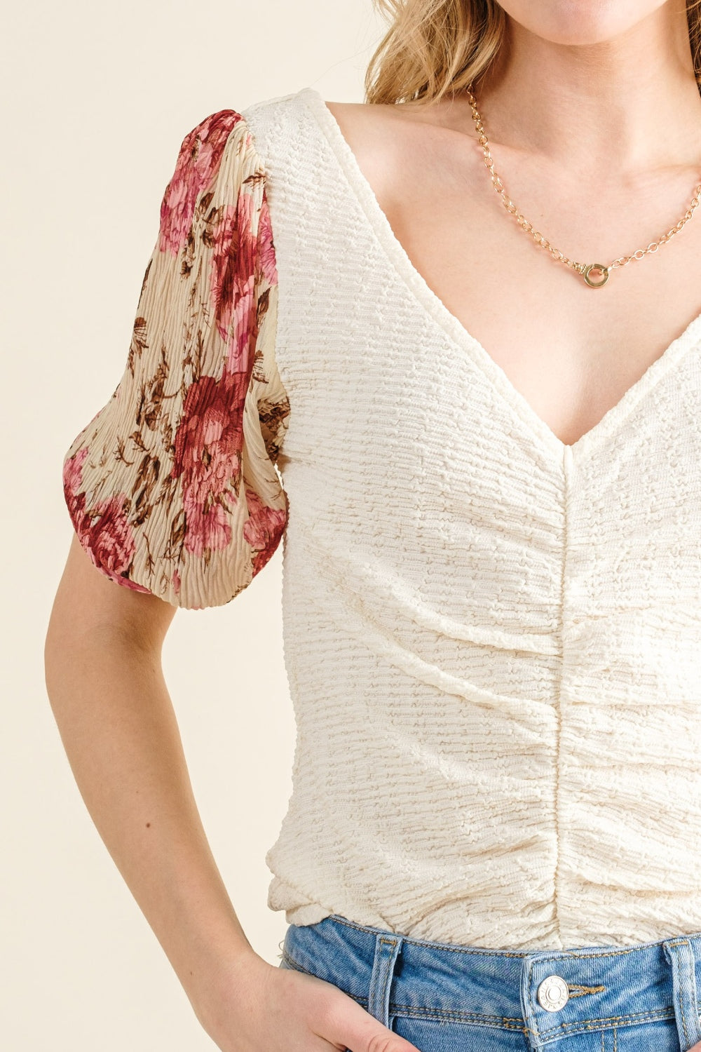 And The Why Full Size Floral Print Textured Sleeve Knit Top