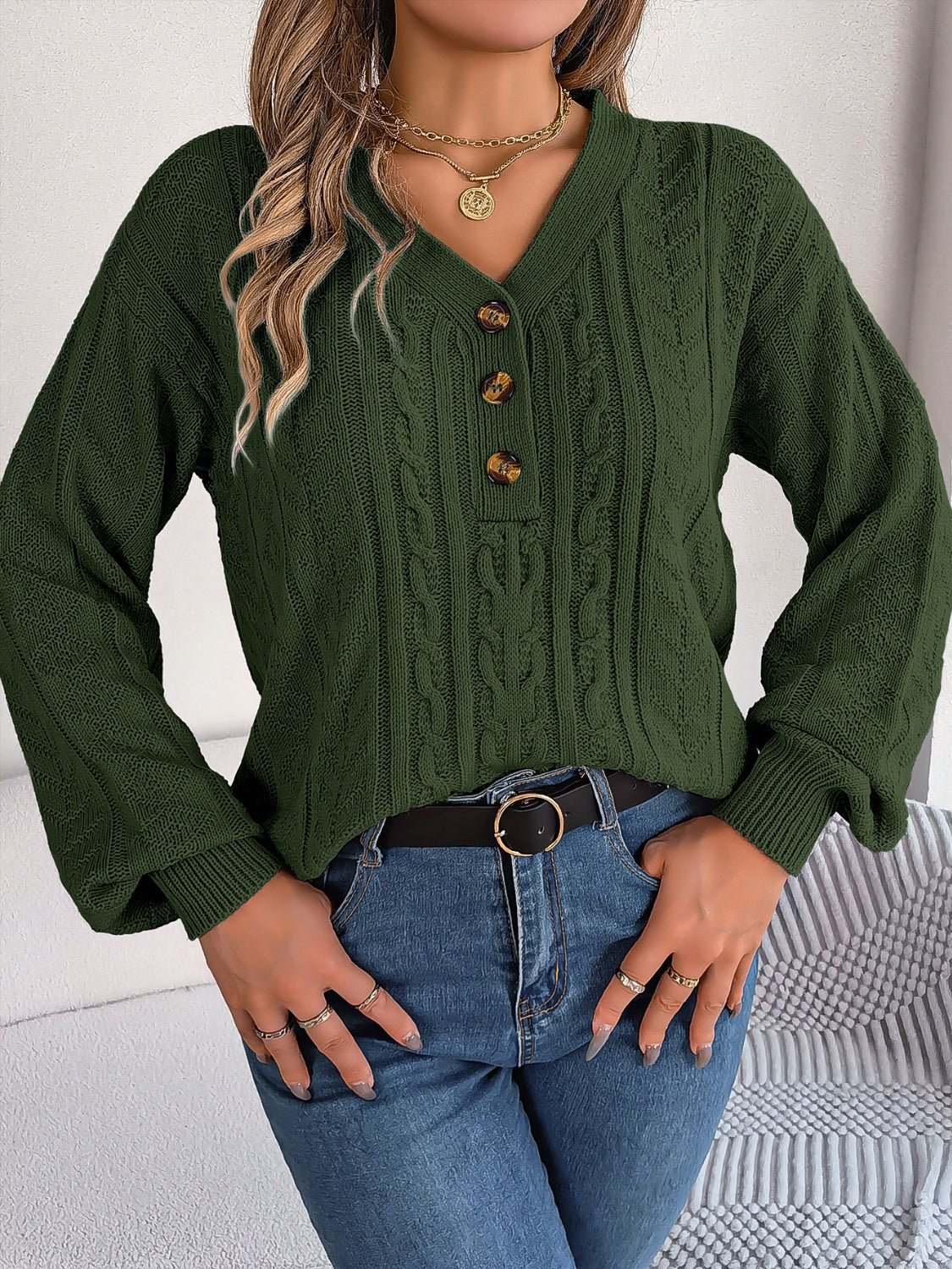 Cable-Knit V-Neck Long Sleeve Sweater