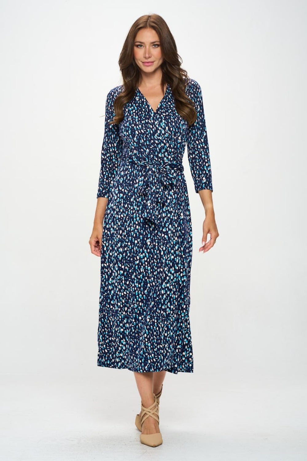 RENEE C Printed Tie Front Surplice Midi Dress