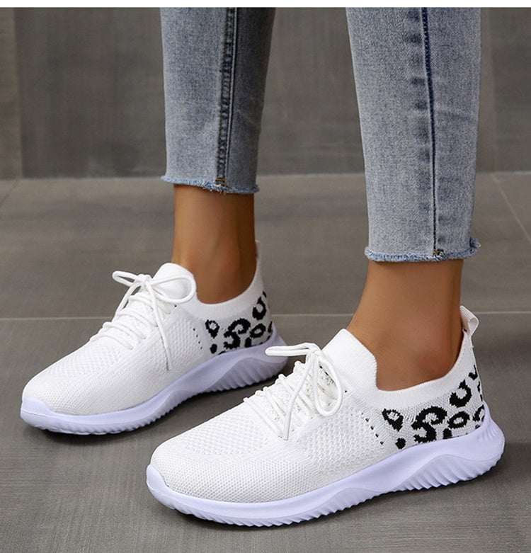 White Leopard Print Lace-up Sports Sneakers